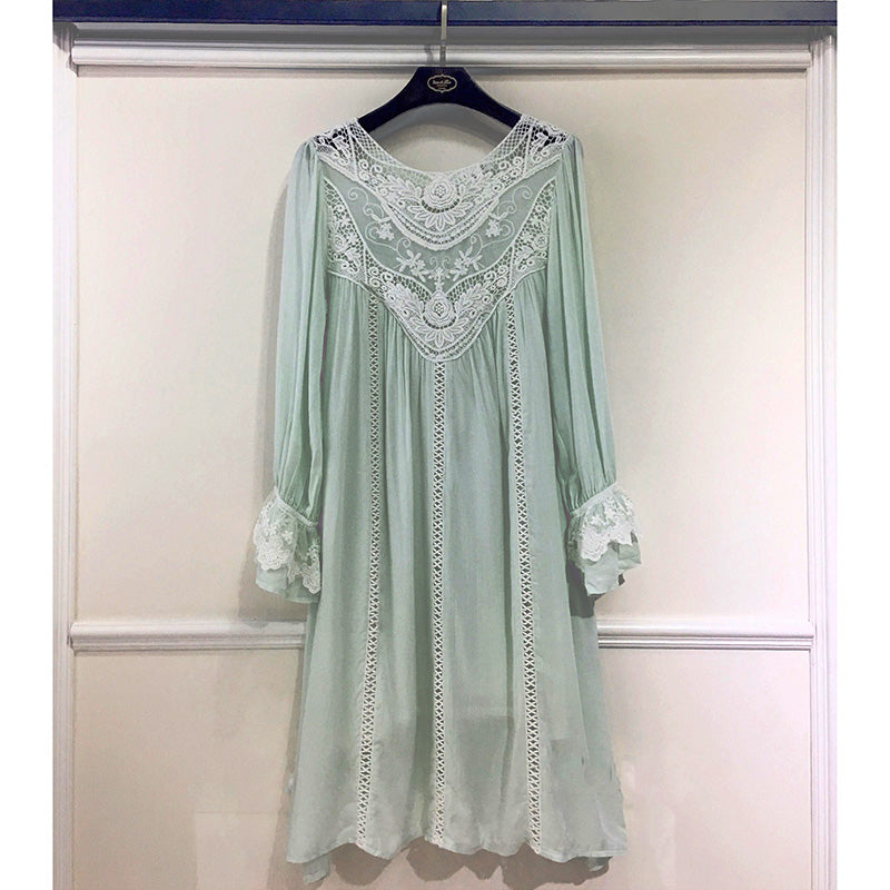 Lace Cotton Long Sleeves Casual Dresses White/Pink Sundress