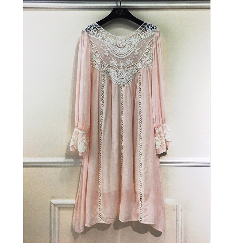 Lace Cotton Long Sleeves Casual Dresses White/Pink Sundress