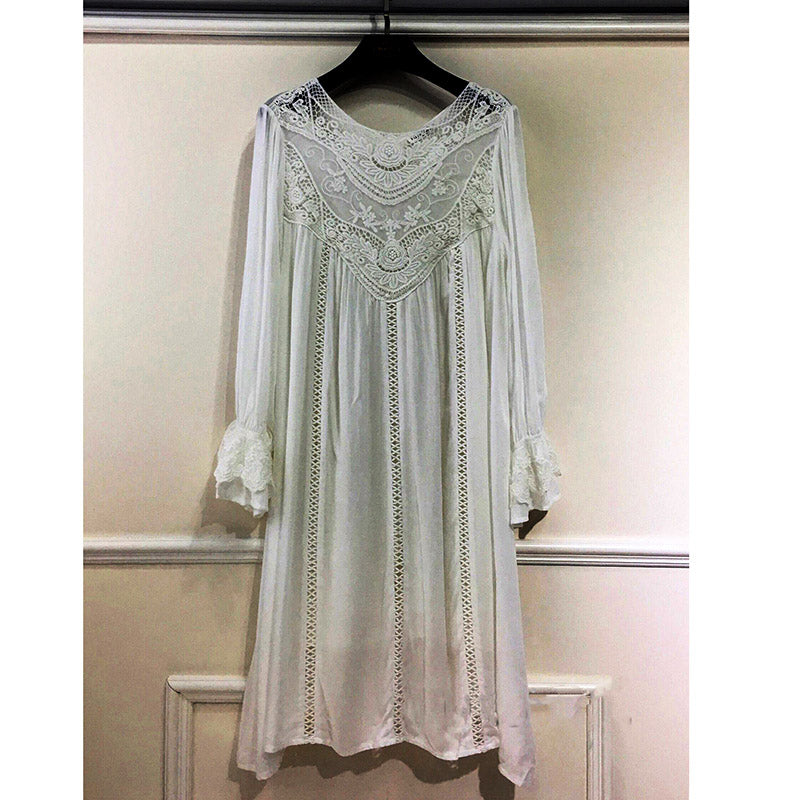 Lace Cotton Long Sleeves Casual Dresses White/Pink Sundress