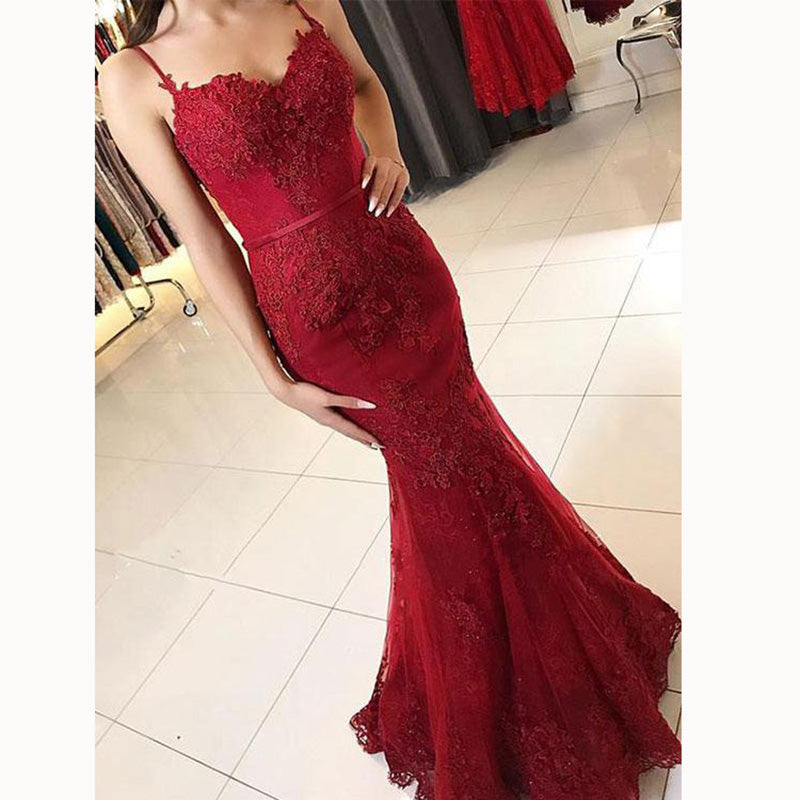 Stunning Wine Red Spaghetti Straps Fishtail Prom Dress Lace Long Girls Evening Party Gown