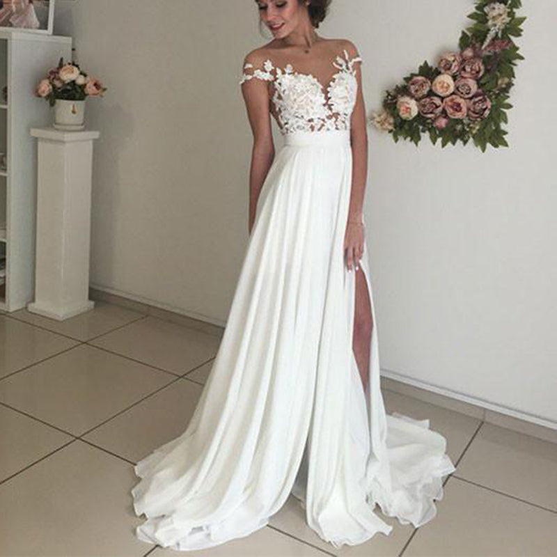 Vestido de novia color marfil, vestido de novia de playa, vestido de novia de encaje y gasa para verano WD0120