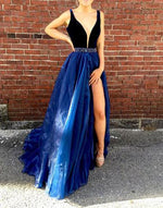 LP1254 Sexy Plunge V Neckline Velvet and Organza A Line Prom Dress Burgundy Pageant Dress Formal Gown 2018 with Slit Leg