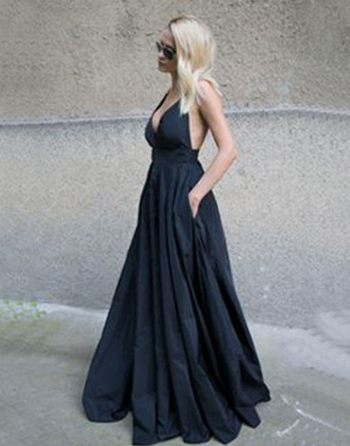 Sexy Deep V neck Dark Navy Formal  Party Long Evening Gown