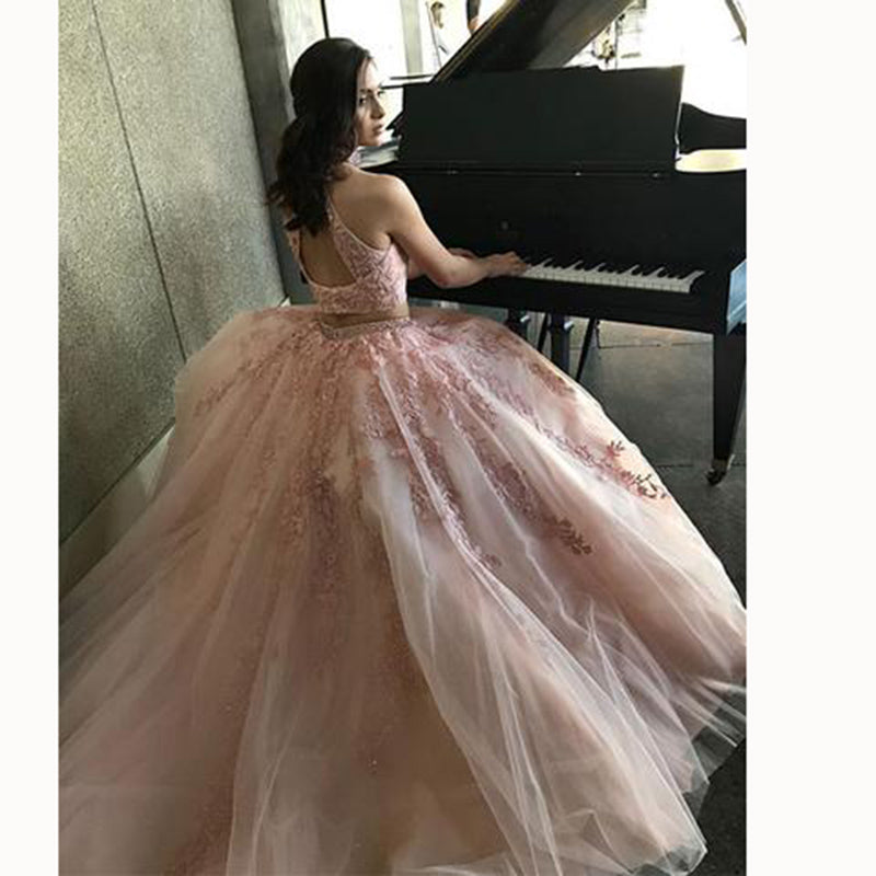 LP5525 Halter High Neck Top Blush Pink Prom Dresses Two Pieces Crop Top Evening Gown Girls Formal Gown 2018
