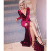 Burgundy Fitted Dresses Long Sleeves Velvet Winter Formal Gowns ,Sexy Deep V Neck Evening Dresses Long