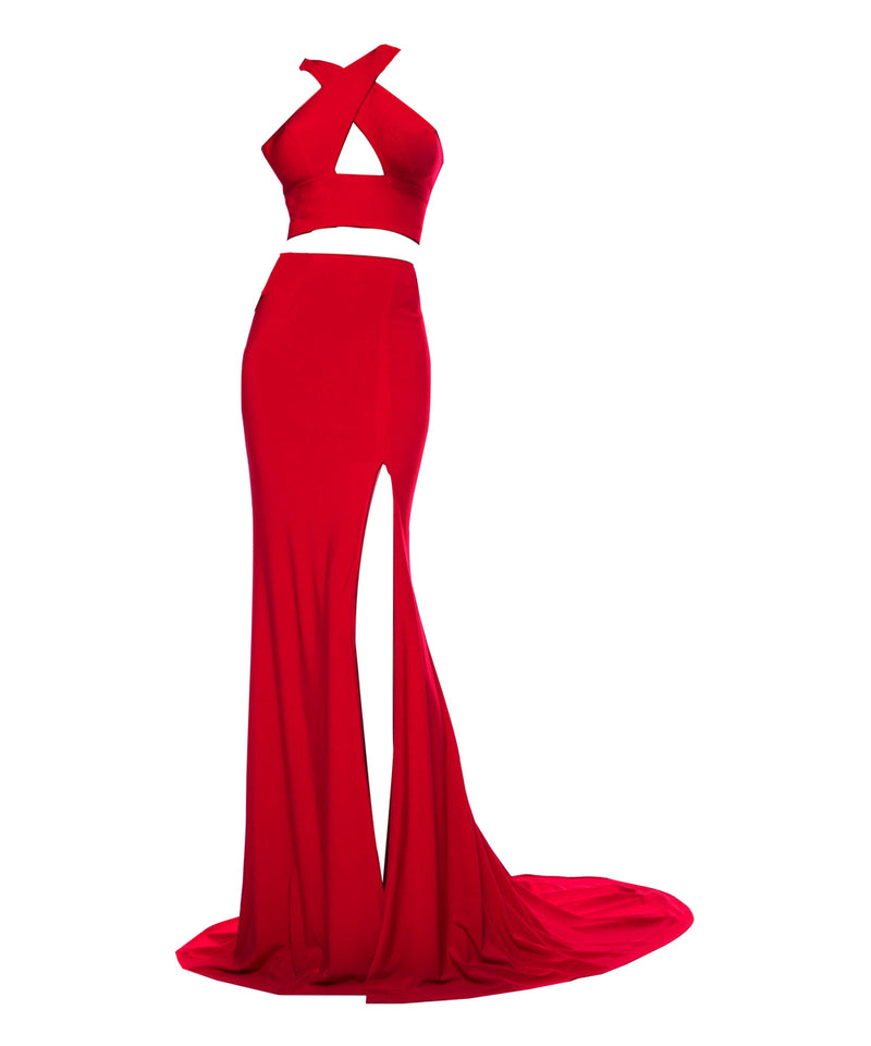 Wine Red Sexy Crop Top Long Slit Gowns Two Pieces Girls 2018 Graduation Long Prom Dress LP0592