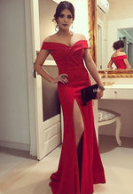 Red Long women Prom Dress Fitted Off the Shoulder Evening Gown with Slit Floor Length Vestido De Festa 2018 LP4468