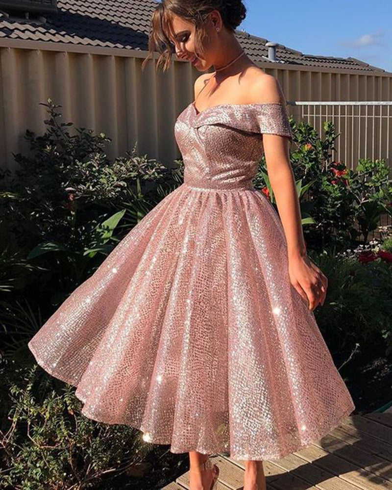 Bling Bling Rose Gold Off Shoulder Short Sequins Prom Dress Cocktail Gowns SP0331
