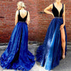 LP1254 Sexy Plunge V Neckline Velvet and Organza A Line Prom Dress Burgundy Pageant Dress Formal Gown 2018 with Slit Leg
