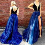 LP1254 Sexy Plunge V Neckline Velvet and Organza A Line Prom Dress Burgundy Pageant Dress Formal Gown 2018 with Slit Leg