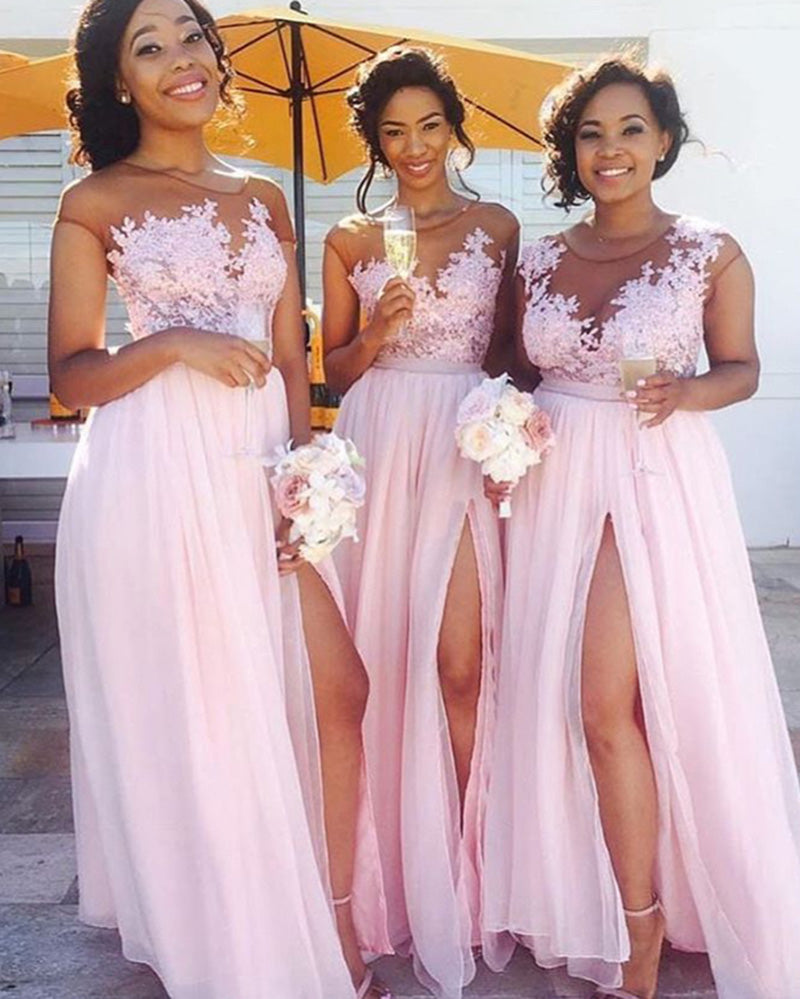 Pink Long Chiffon Bridesmaid Dress Women Maid of the honor Gown with Lace