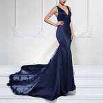 Burgundy Satin Lace Appliqued V Neck Mermaid Prom Dress Women Formal Evening Long Dresses