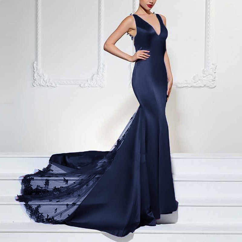 Burgundy Satin Lace Appliqued V Neck Mermaid Prom Dress Women Formal Evening Long Dresses