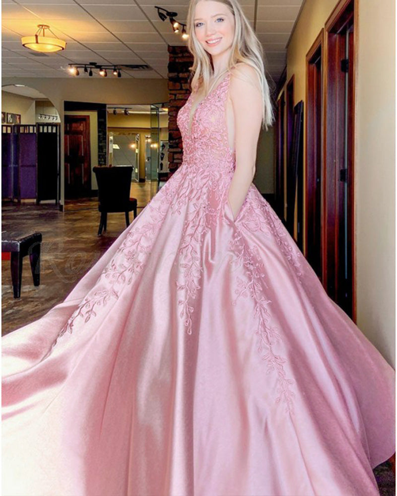 Fancy Light Blue Lace Prom Dresses  V Neck Girls Graduation Dress Long PL10210