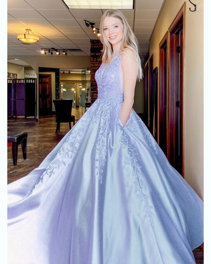 Fancy Light Blue Lace Prom Dresses  V Neck Girls Graduation Dress Long PL10210