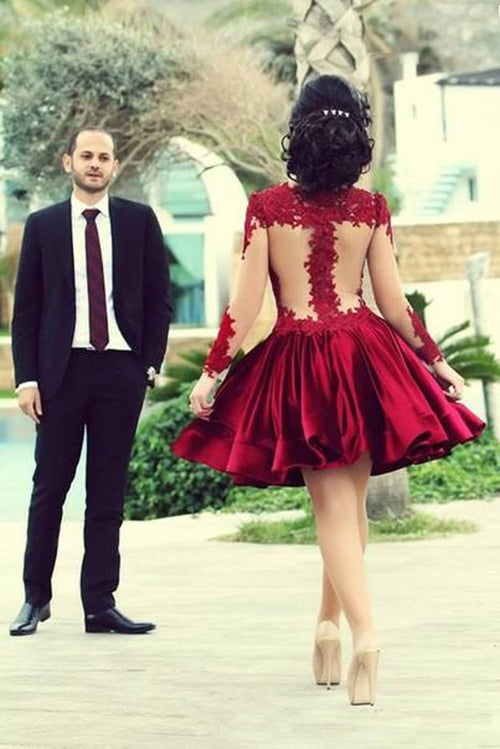 Siaoryne Lone Sleeves Sexy Short Homecoming Dress Dark Red Mini Prom Party