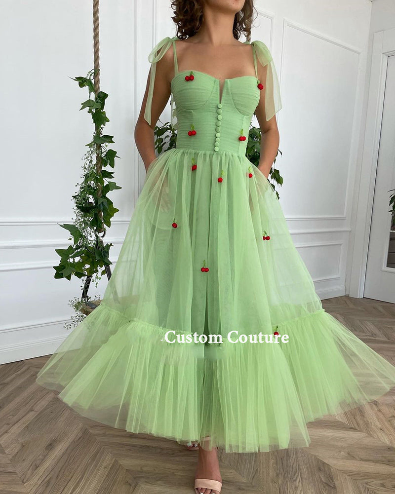 Light Greeen Tea Length tulle Prom Dress Cottagecore Dress for Young Girls PL22783