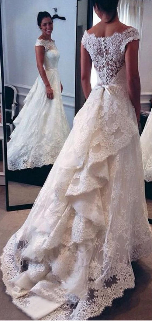 Dreamy A Line Lace Appliqued Wedding Dresses with Cap Sleeves