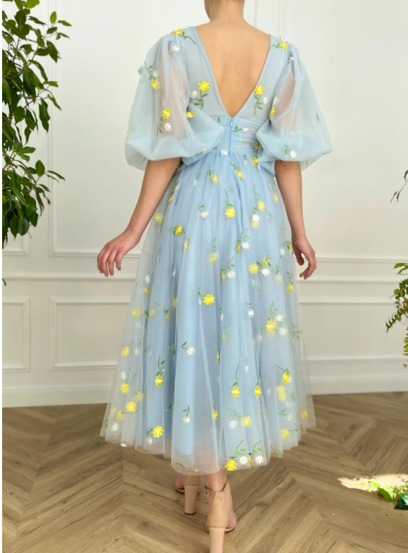 Blue Tea Length Cottagecore Prom Dress , V-Neck Blue Tulle Puff Sleeve Siaoryne Blue Tea Length Cottagecore Prom Dress , V-Neck Blue Tulle Puff Sleeve Siaoryne