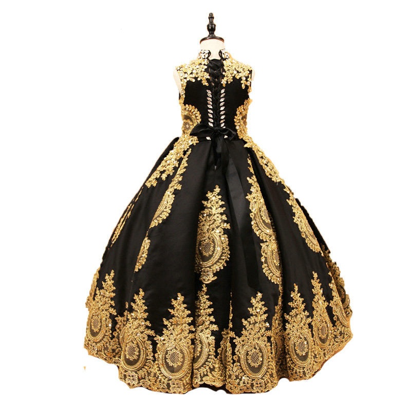 Black and Gold Lace Appliqued Flower Girls Party Dresses