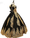 Black and Gold Lace Appliqued Flower Girls Party Dresses