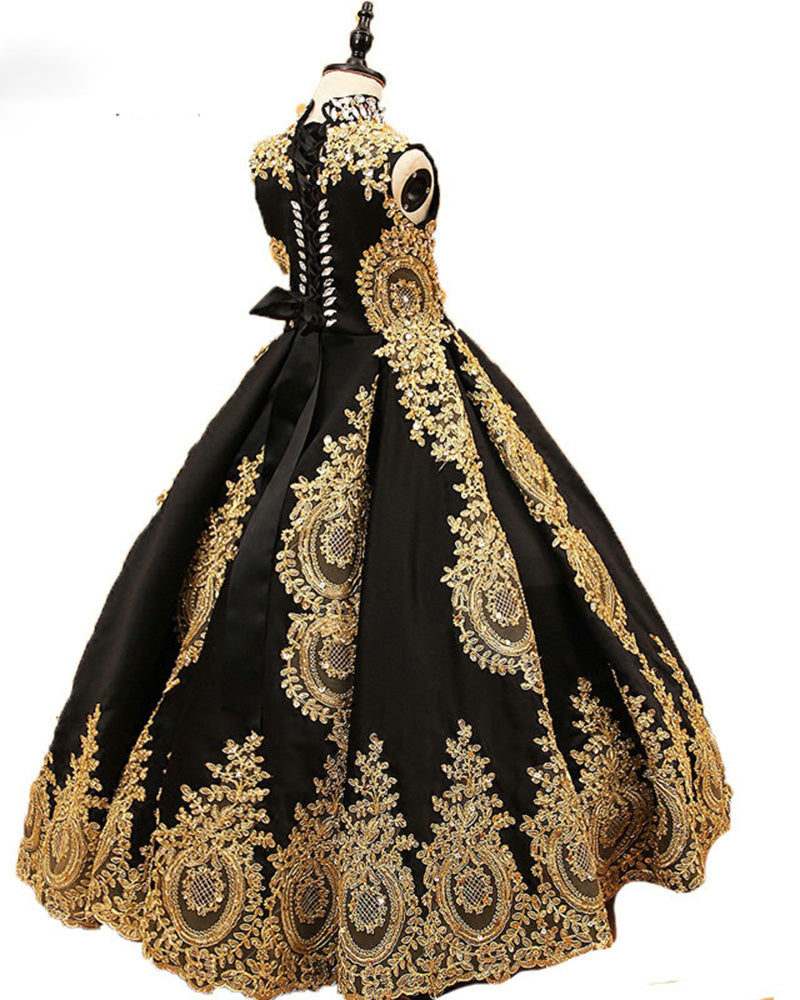 Black and Gold Lace Appliqued Flower Girls Party Dresses