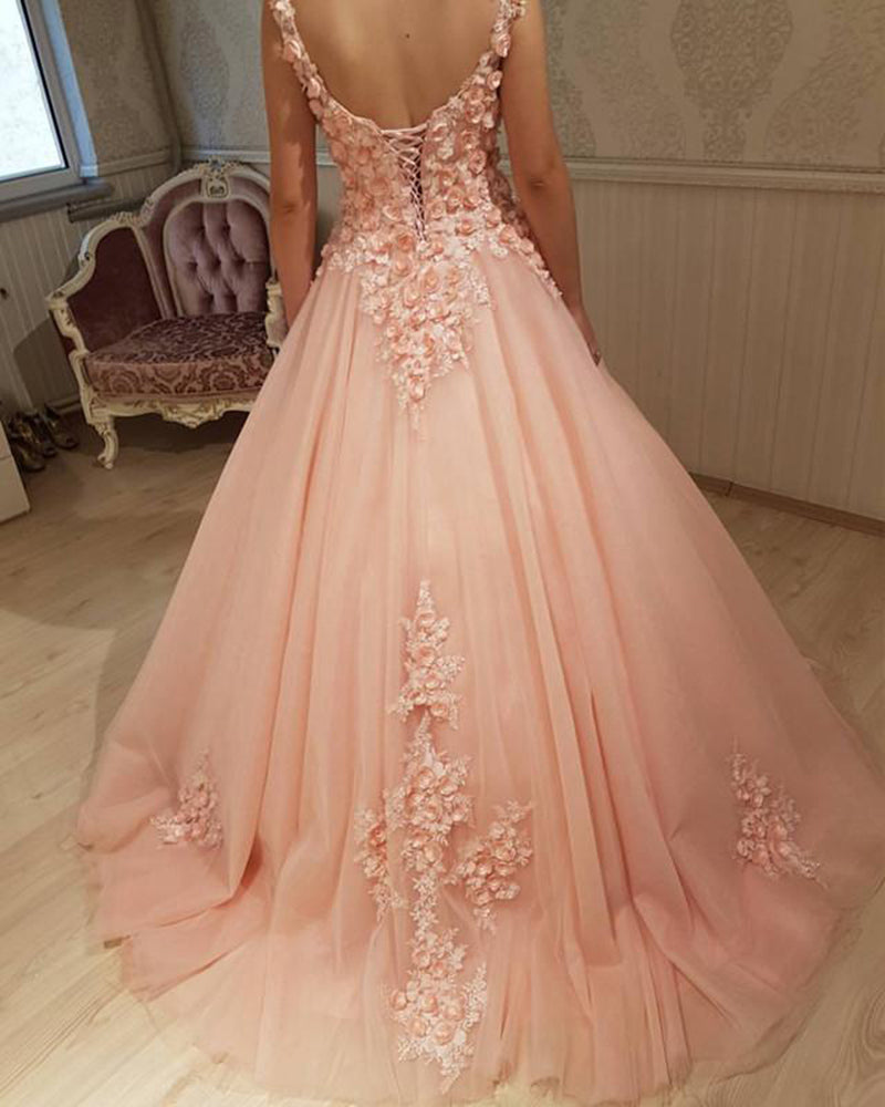 Romantic Lace Flowers Blush Pink Ball Gown Wedding Dresses Sweet 16 Dress PL2221