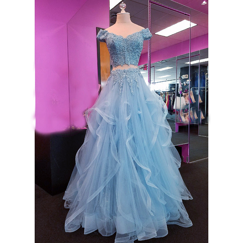 Gorgeous Blue Crop Top Prom Dresses Off the Shoulder Lace Tiered Blue Senior Prom 2022