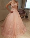 Romantic Lace Flowers Blush Pink Ball Gown Wedding Dresses Sweet 16 Dress PL2221