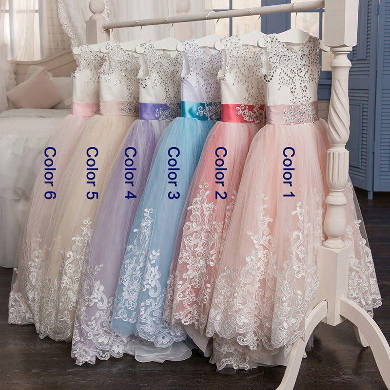 Hermoso vestido de niña de flores de encaje hinchado 2018 para bodas, vestido de baile de tul, vestido de comunión para niñas pequeñas, vestido de desfile