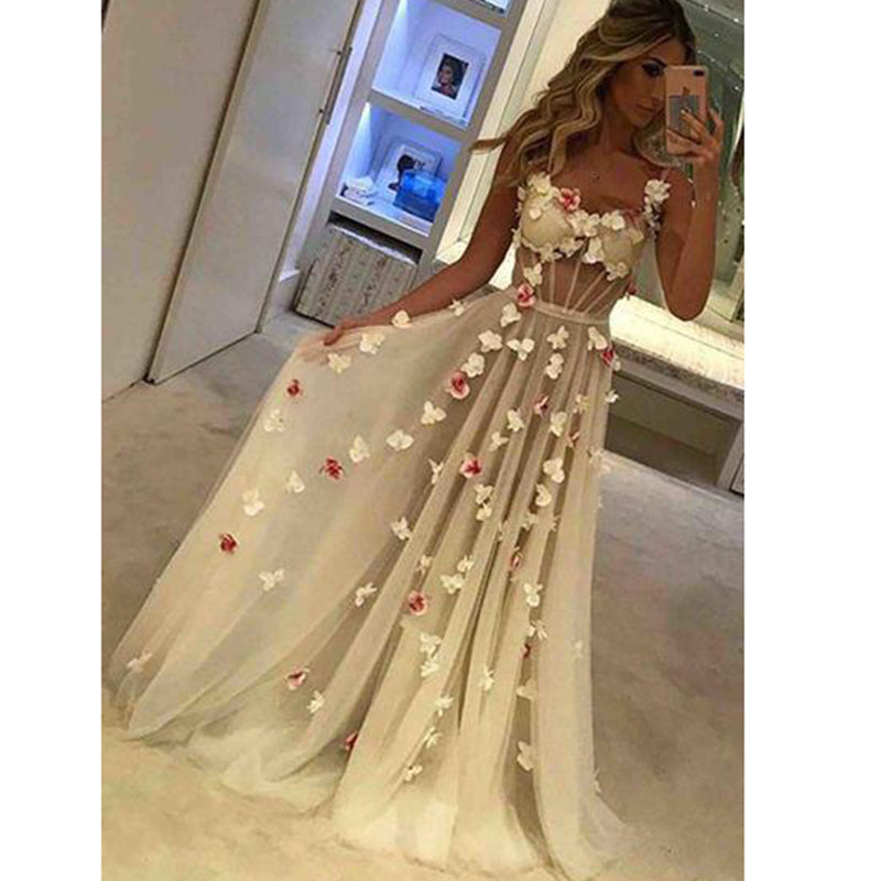 Siaoryne SP018 Long Sexy See Through Hand Made Flowers Prom Dress