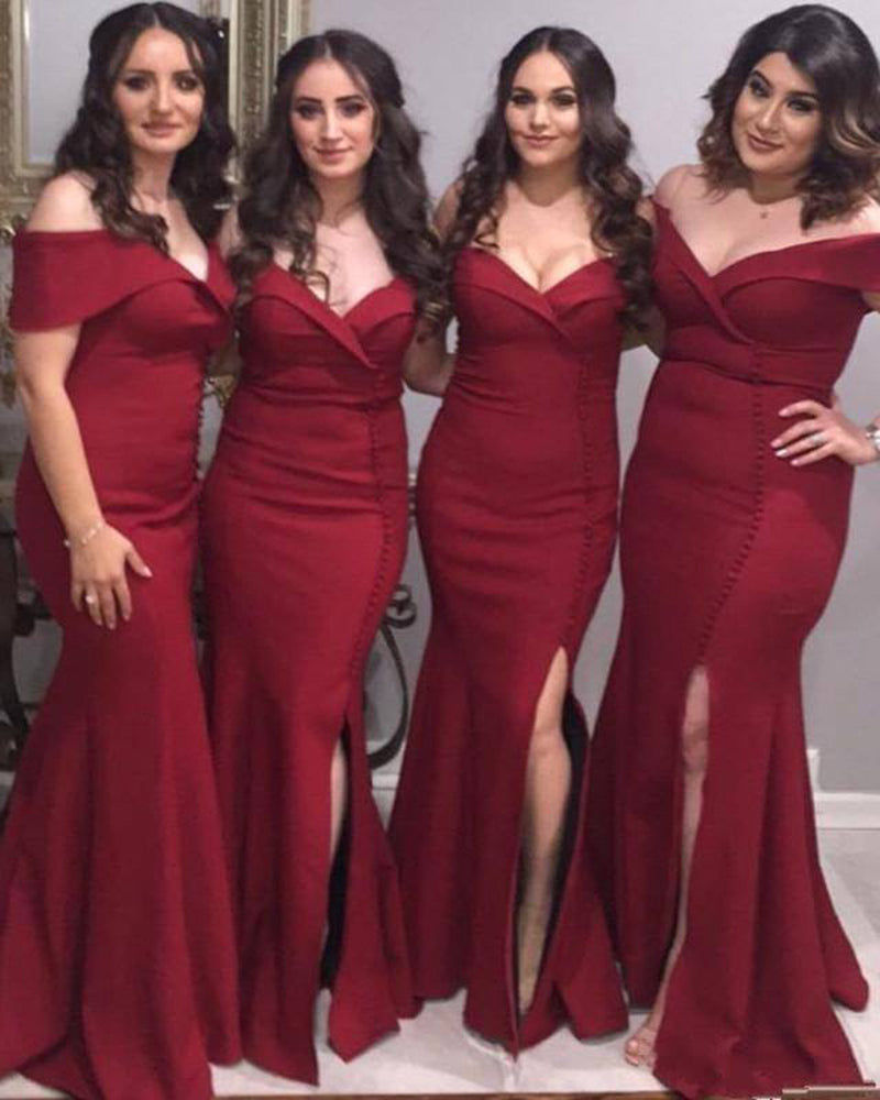 Wine Red Long Slit Fitted Bridesmaid Gown Wedding Party Dresses Burgundy 2019 BD145