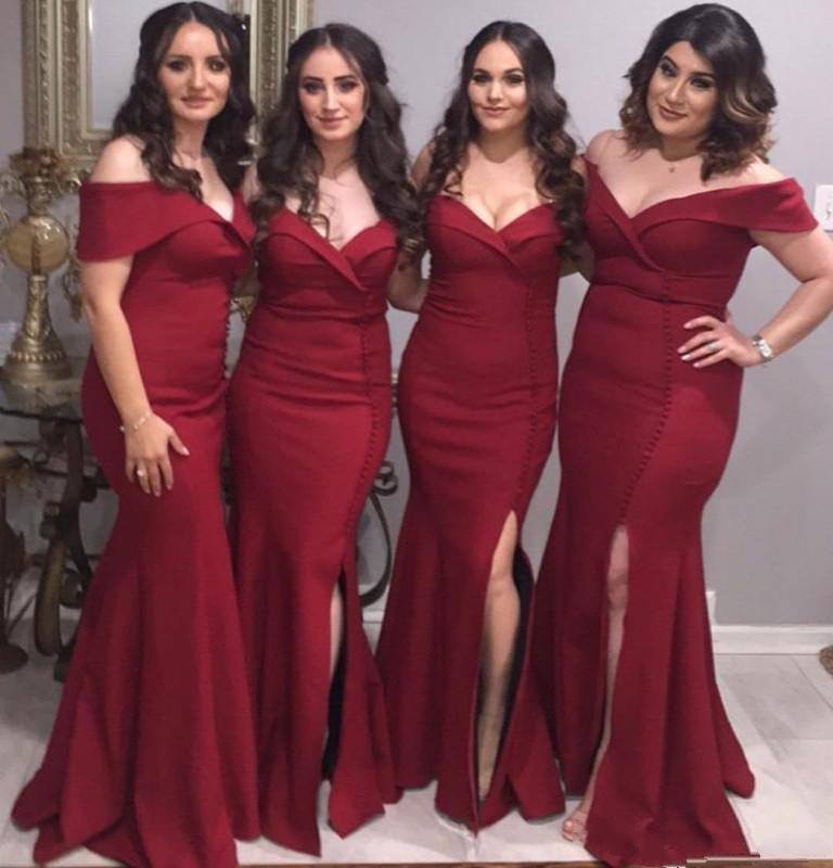 Wine Red Long Slit Fitted Bridesmaid Gown Wedding Party Dresses Burgundy 2019 BD145
