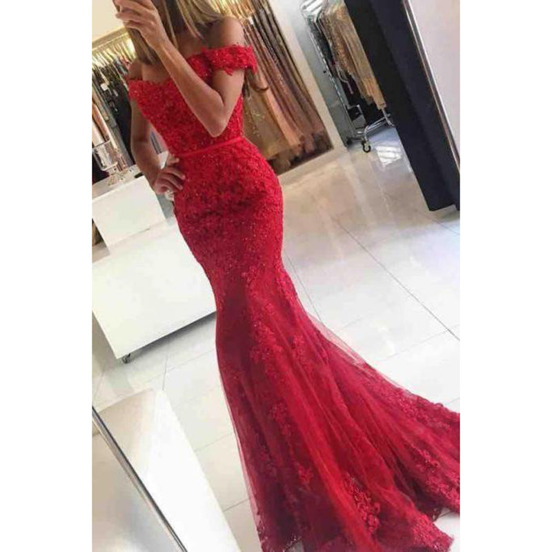 Siaoryne LP0903 Red Sexy off the shoulder lace Prom Dress Fishtail Mermaid Formal Party Gowns