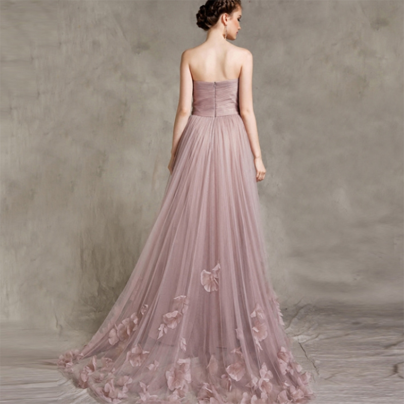 Pale Mauve Strapless Bridesmaid Dress with Handmade Flowers Long  Women Evening Wedding Party Gown LP7702