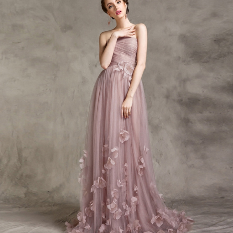 Pale Mauve Strapless Bridesmaid Dress with Handmade Flowers Long  Women Evening Wedding Party Gown LP7702