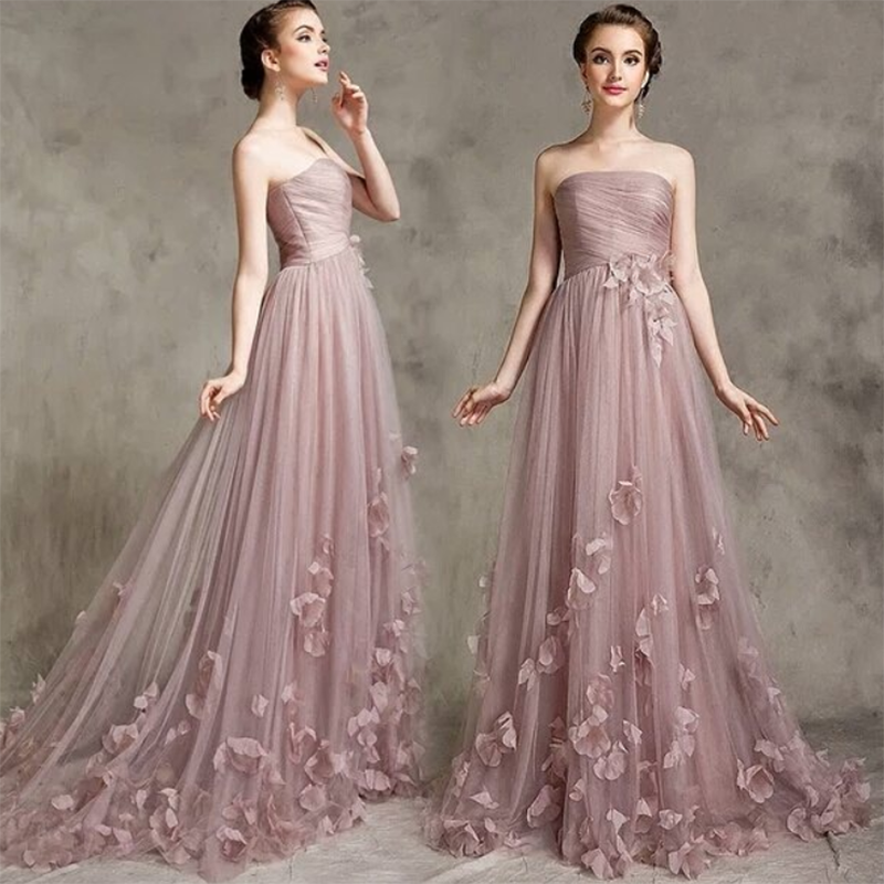 Pale Mauve Strapless Bridesmaid Dress with Handmade Flowers Long  Women Evening Wedding Party Gown LP7702