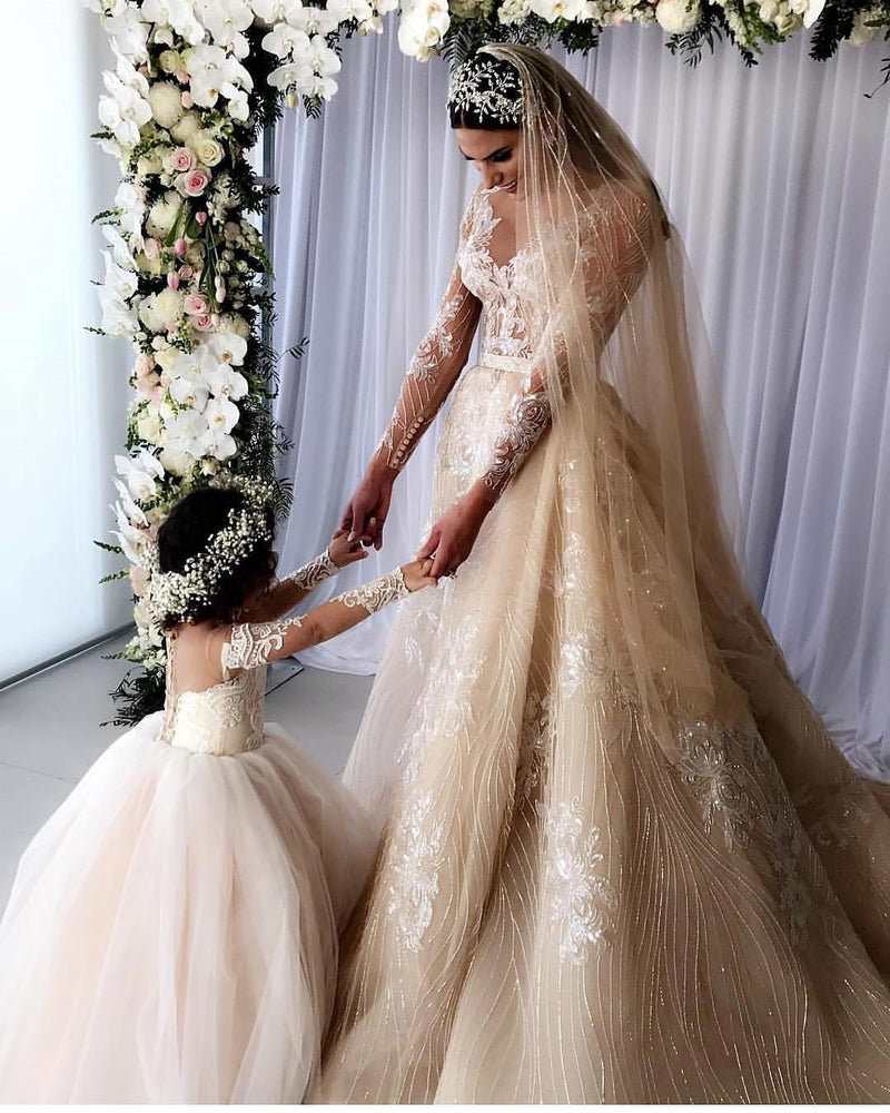 Vintage Long Sleeves lace Tulle Flower Girl Dresses little Girls Child Party Dresses