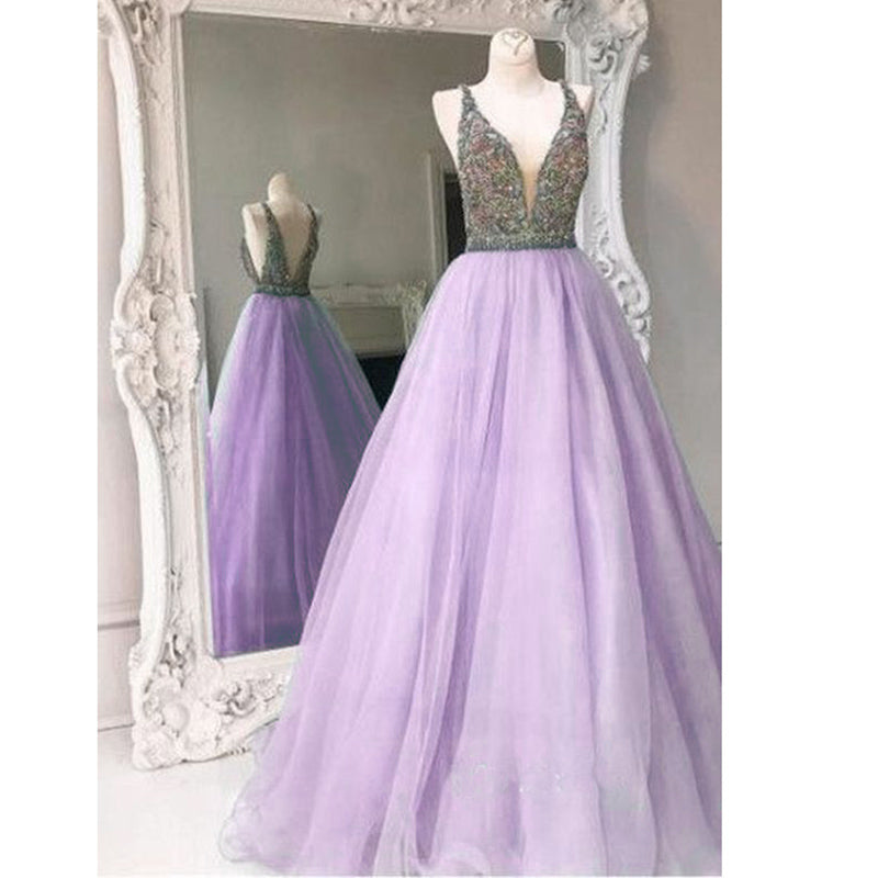 Siaoryne L1009 Sexy Double Deep V Neck Prom Dresses Long Blue Evening Gown with Beading