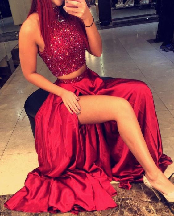 Siaoryne LP0903 High Neck Burgundy Two Pieces Prom Dress Crop Top Evening Formal Gowns