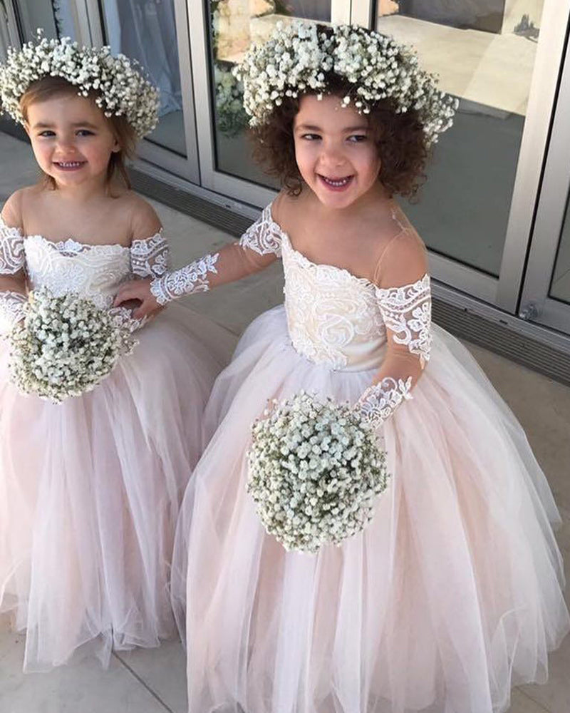 Vintage Long Sleeves lace Tulle Flower Girl Dresses little Girls Child Party Dresses
