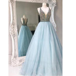 Siaoryne L1009 Sexy Double Deep V Neck Prom Dresses Long Blue Evening Gown with Beading