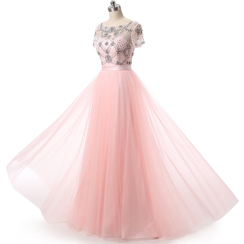 2022 New Pink Long Prom Dress for Girls Party Gown with Crystal Short Sleeves