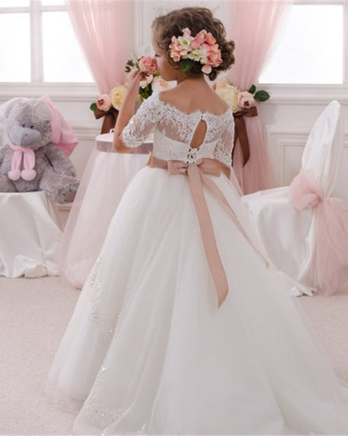 Sweet Short Sleeves A Line Lace Flower Girl Dress Little Girls First Communion Gown SP032