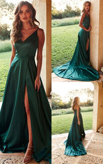 Fashion Green Spaghetti Straps Girls Long Prom Party Dresses with High Slit PL3010