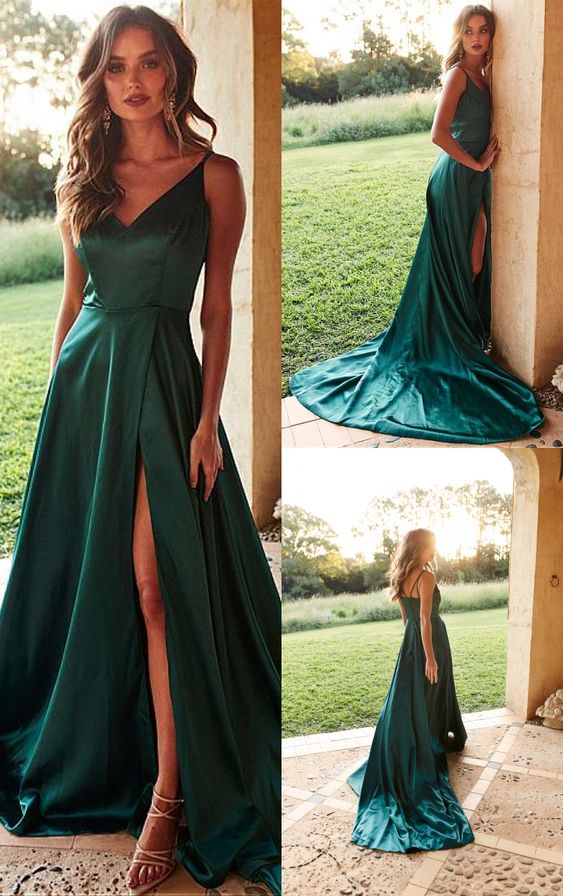 Fashion Green Spaghetti Straps Girls Long Prom Party Dresses with High Slit PL3010