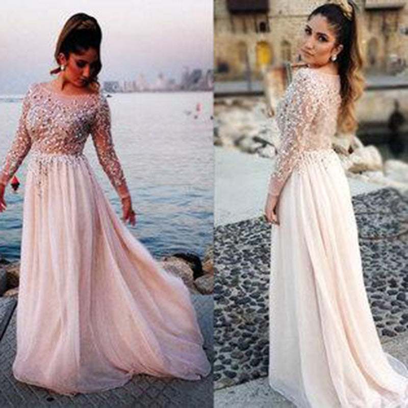 Siaoryne LP0903 Pink Chiffon Long Sleeves Beading Long evening Dresses Formal Prom Gowns