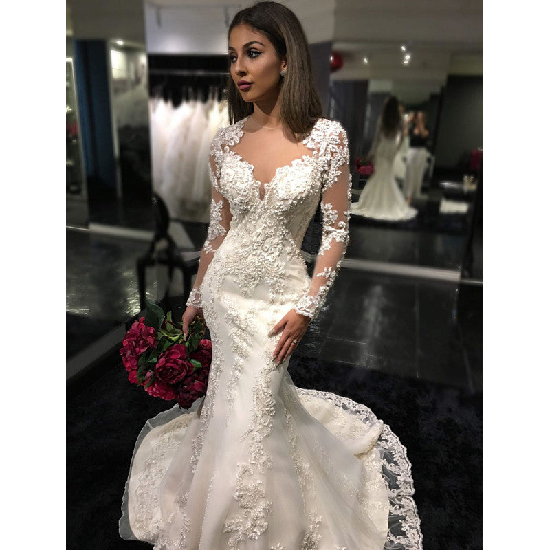 Vestido de novia de encaje de alta calidad y precio económico para mujer con mangas largas vestido de novia estilo sirena WD214