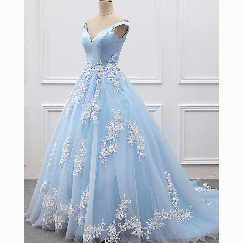 Dreamy Off the Shoulder Blue and White Lace A Line 2022 Women Prom Dress Formal Gown vestido festa