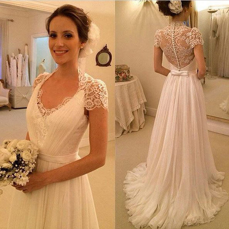 Dramatic Short Sleeves Vintage Beach Wedding Dresses  Chiffon A Line Bridal Dresses Court Train